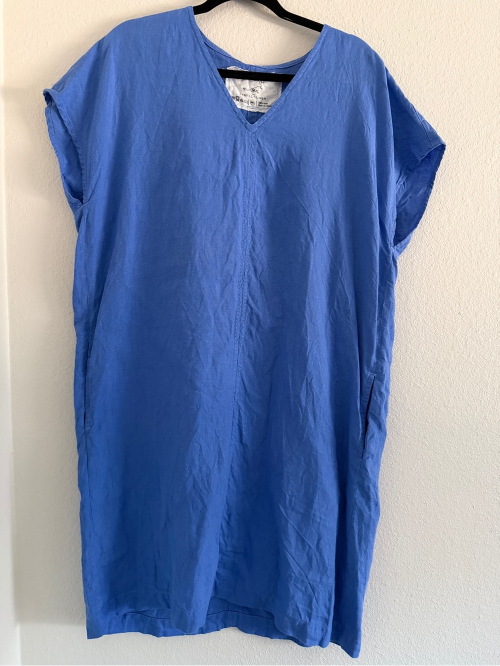 Not Perfect Linen Blue 100% Linen V-Neck Shift Dress Cap Sleeve Knee M/L